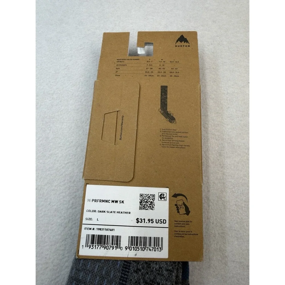 Burton Performance Midweight Wool Snowboard Socks Mens Large Dark Slate Heather